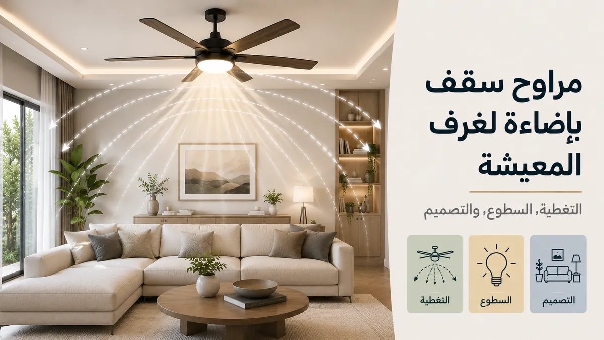 مروحة سقف بإضاءة لغرفة المعيشة تعرض تغطية واسعة للغرفة وإضاءة ساطعة وتصميمًا زخرفيًا