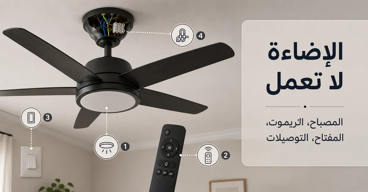 مروحة سقف بإضاءة لا تعمل مع نقاط فحص للمصباح والريموت ومفتاح الجدار والتوصيلات الكهربائية