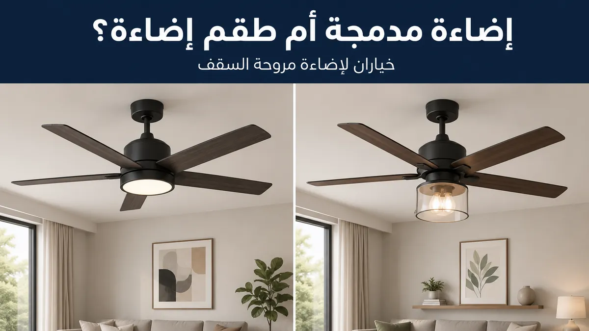 مقارنة بين مروحة سقف بإضاءة LED مدمجة ومروحة سقف مع طقم إضاءة منفصل