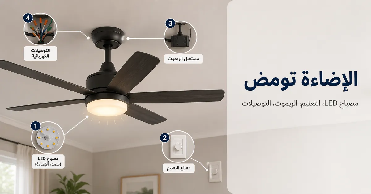 إضاءة مروحة سقف تومض مع فحص لمصباح LED ومفتاح التعتيم ومستقبل الريموت والتوصيلات الكهربائية