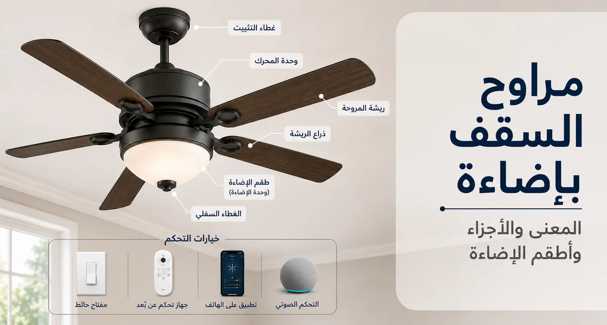 مروحة سقف بإضاءة تظهر الشفرات وهيكل المحرك وطقم الإضاءة ومكونات التحكم