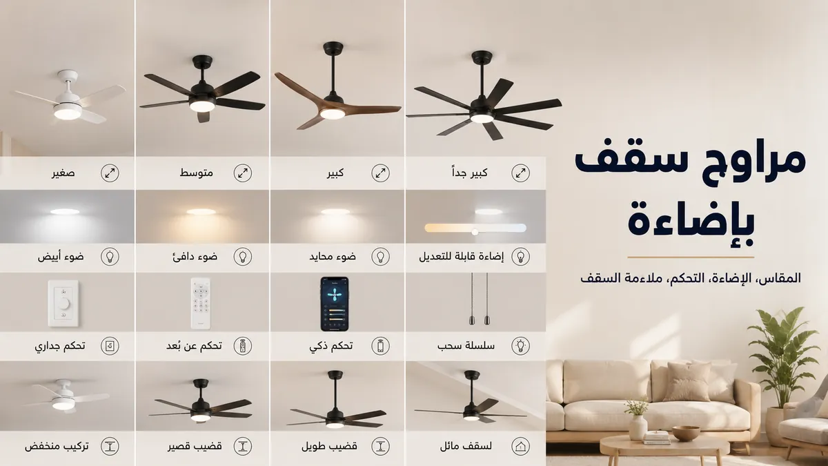 مراوح سقف بإضاءة تعرض مقاسات مختلفة وأنماط إضاءة وخيارات تحكم وملاءمة للسقف