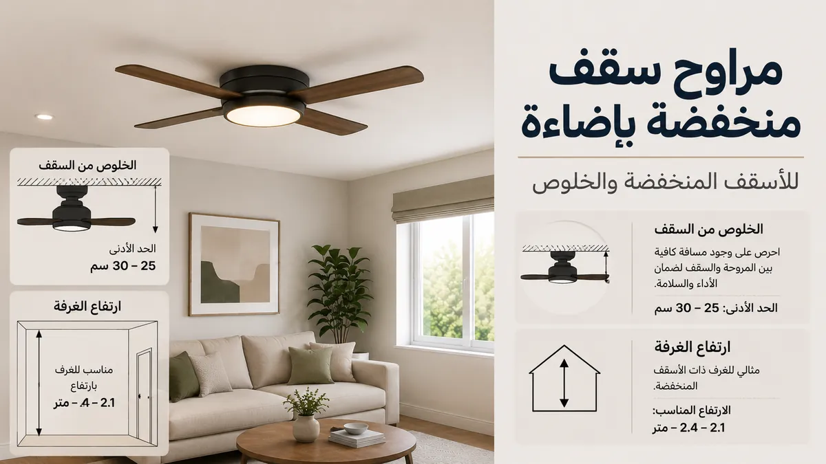 مروحة سقف منخفضة الارتفاع بإضاءة مركبة بالقرب من سقف منخفض مع خلوص واضح