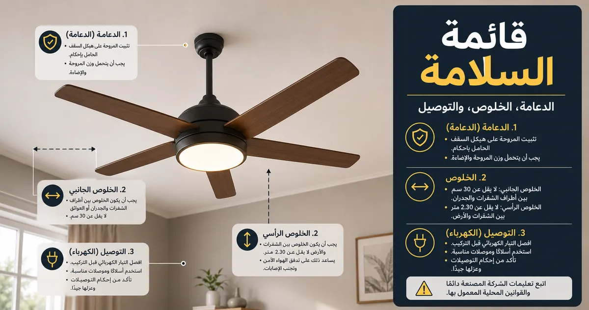 قائمة سلامة لمروحة سقف بإضاءة تعرض دعامة السقف وخلوص الشفرات ونقاط التوصيل الكهربائي