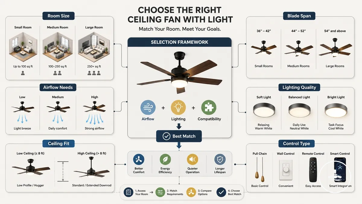 Auswahlhilfe für Deckenventilatoren mit Licht mit Raumgröße, Beleuchtungsanforderungen, Luftstrom und Steuerungsoptionen