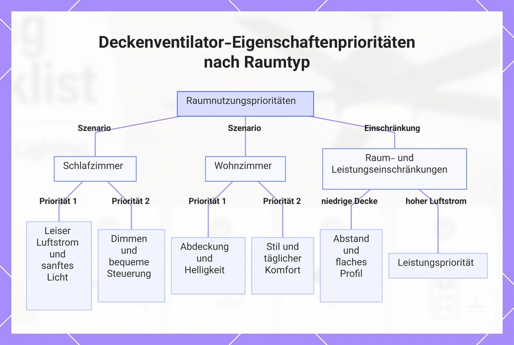 Deckenventilator-Eigenschaftenprioritäten nach Raumtyp