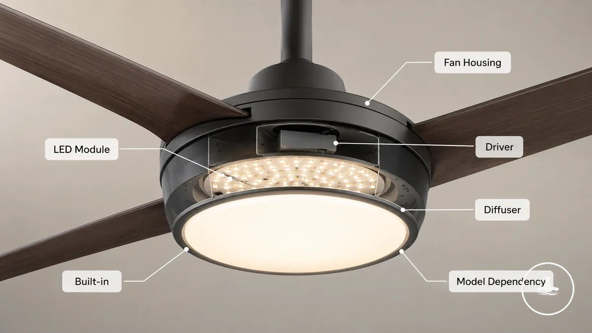 Deckenventilator mit integriertem LED-Modul, gekennzeichnet im Ventilatorgehäuse