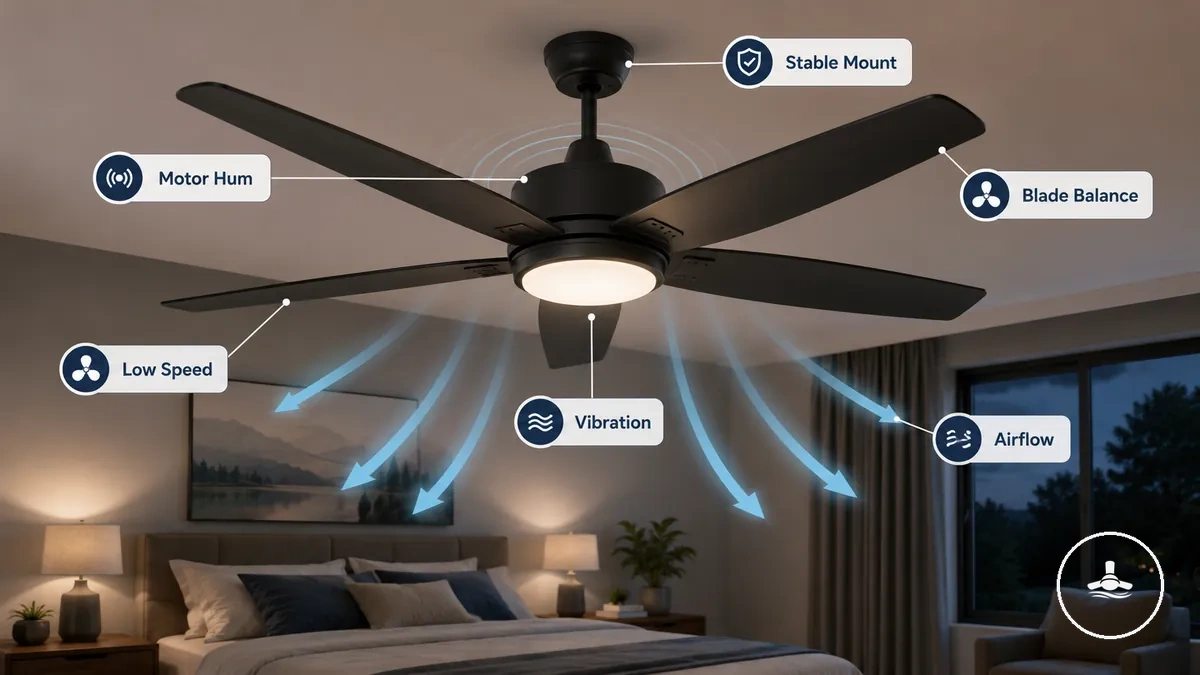 Kommentierter Schlafzimmer-Deckenventilator mit Motorgehäuse, Blättern und Faktoren für den Komfort bei niedriger Drehzahl