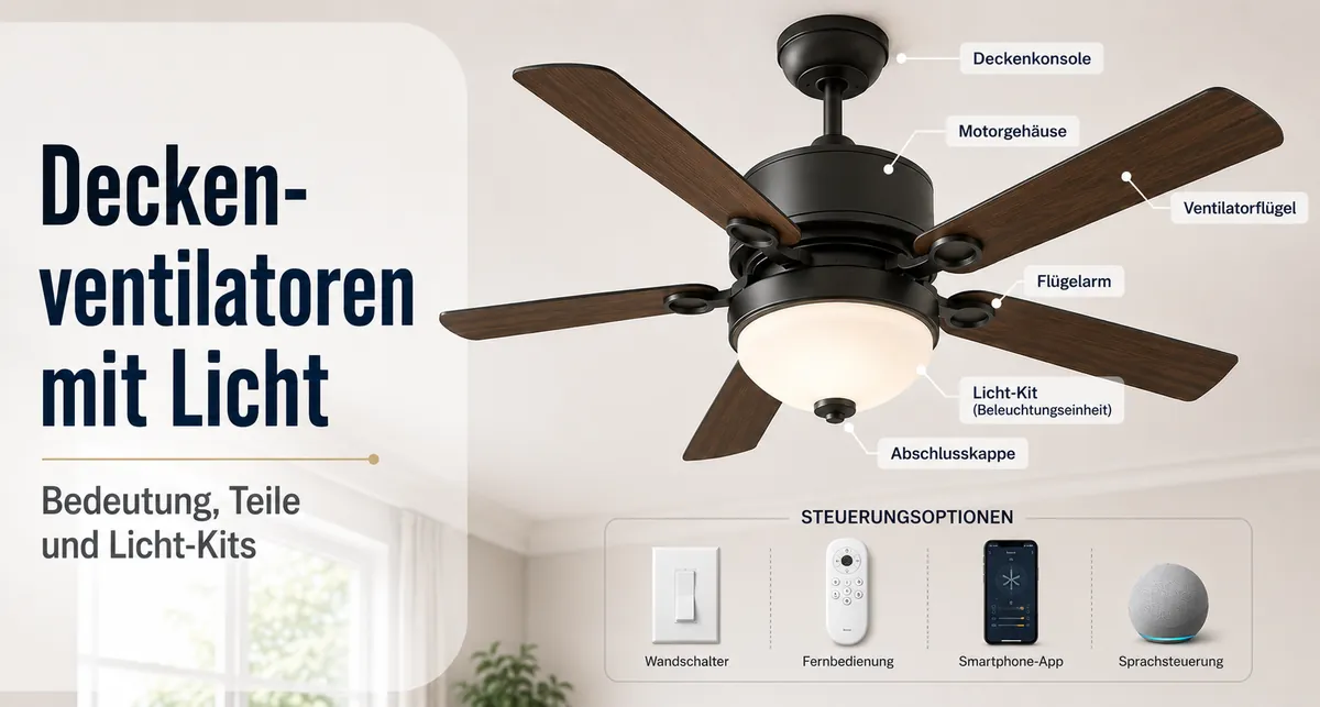 Deckenventilator mit Licht mit Flügeln, Motorgehäuse, Licht-Kit und Bedienelementen