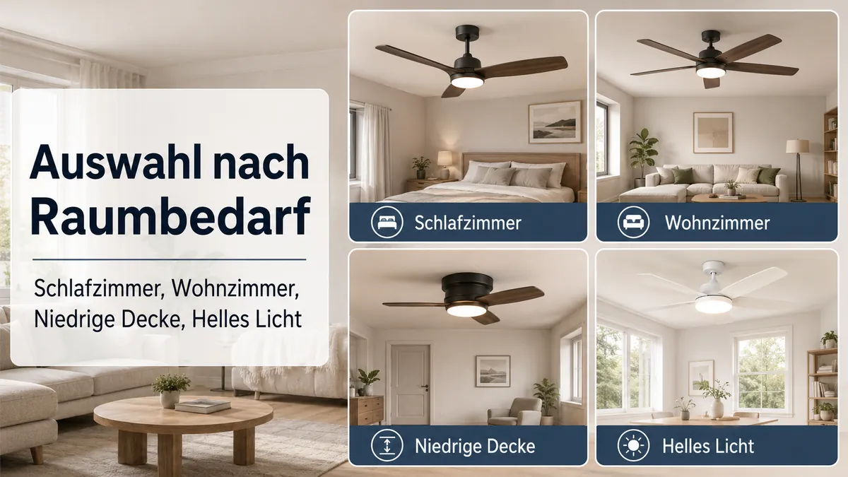Deckenventilatoren mit Licht gruppiert nach Raumbedarf wie Schlafzimmer, Wohnzimmer, niedrige Decke und helle Beleuchtung