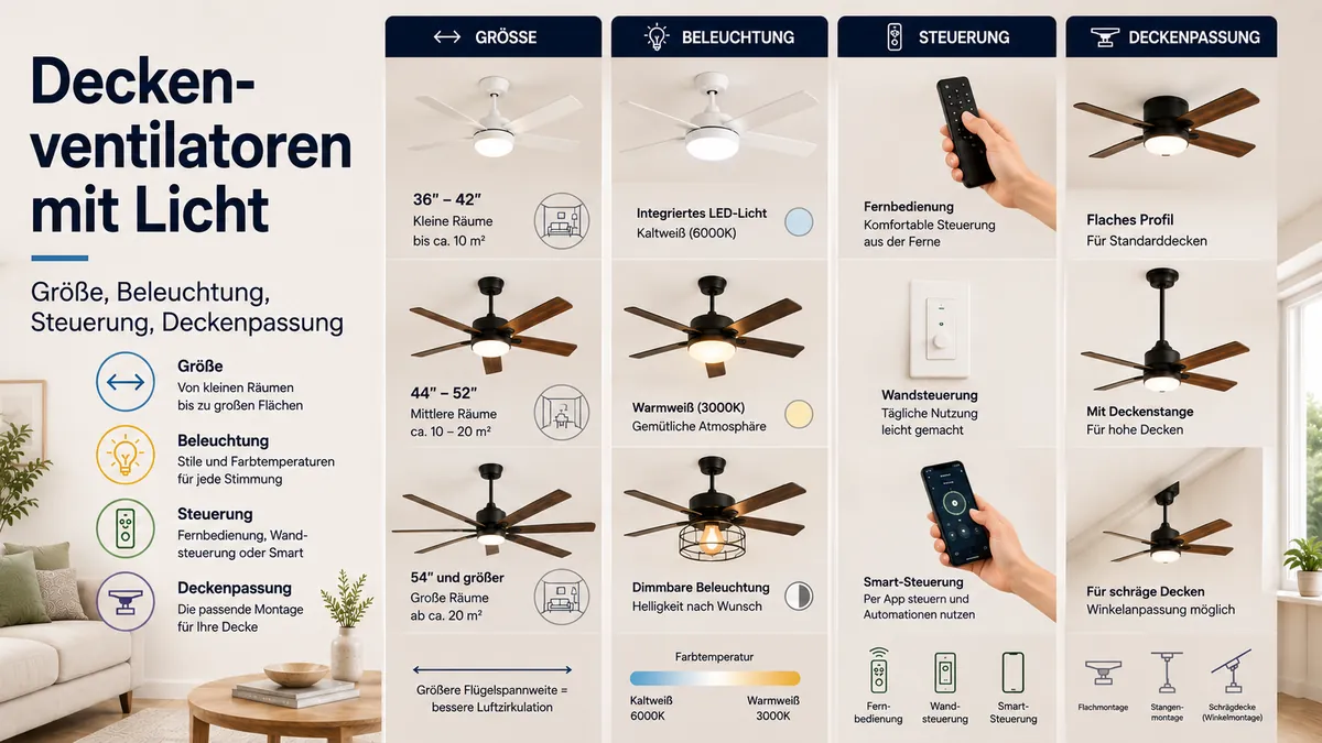 Deckenventilatoren mit Licht mit verschiedenen Größen, Beleuchtungsarten, Steuerungen und Optionen für die Deckenmontage