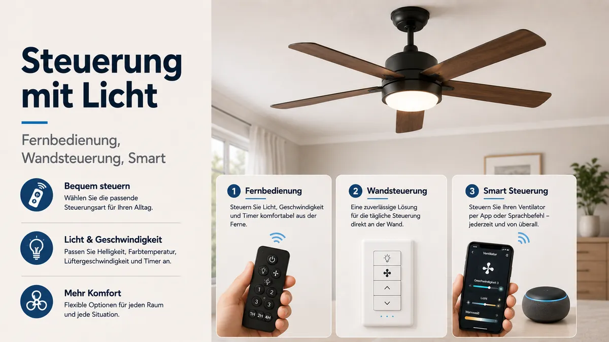 Deckenventilator mit Licht mit Fernbedienung, Wandsteuerung und smarten Steuerungsoptionen