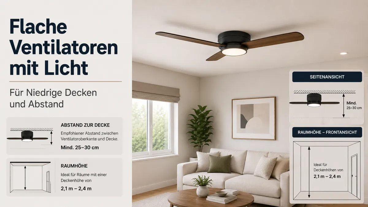Flacher Deckenventilator mit Licht nahe an einer niedrigen Decke montiert mit sichtbarem Abstand