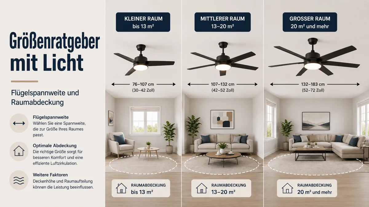 Deckenventilatoren mit Licht im Vergleich nach Flügelspannweite und Raumabdeckung