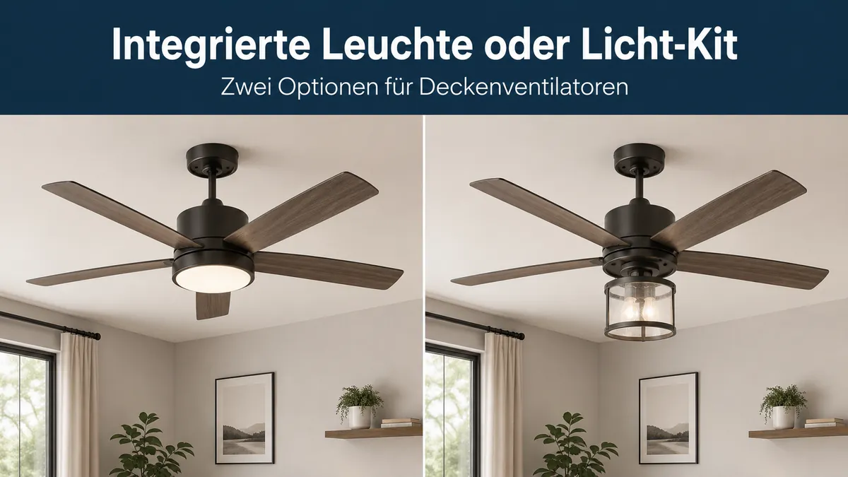 Vergleich eines Deckenventilators mit integrierter LED-Leuchte und eines Deckenventilators mit separatem Licht-Kit