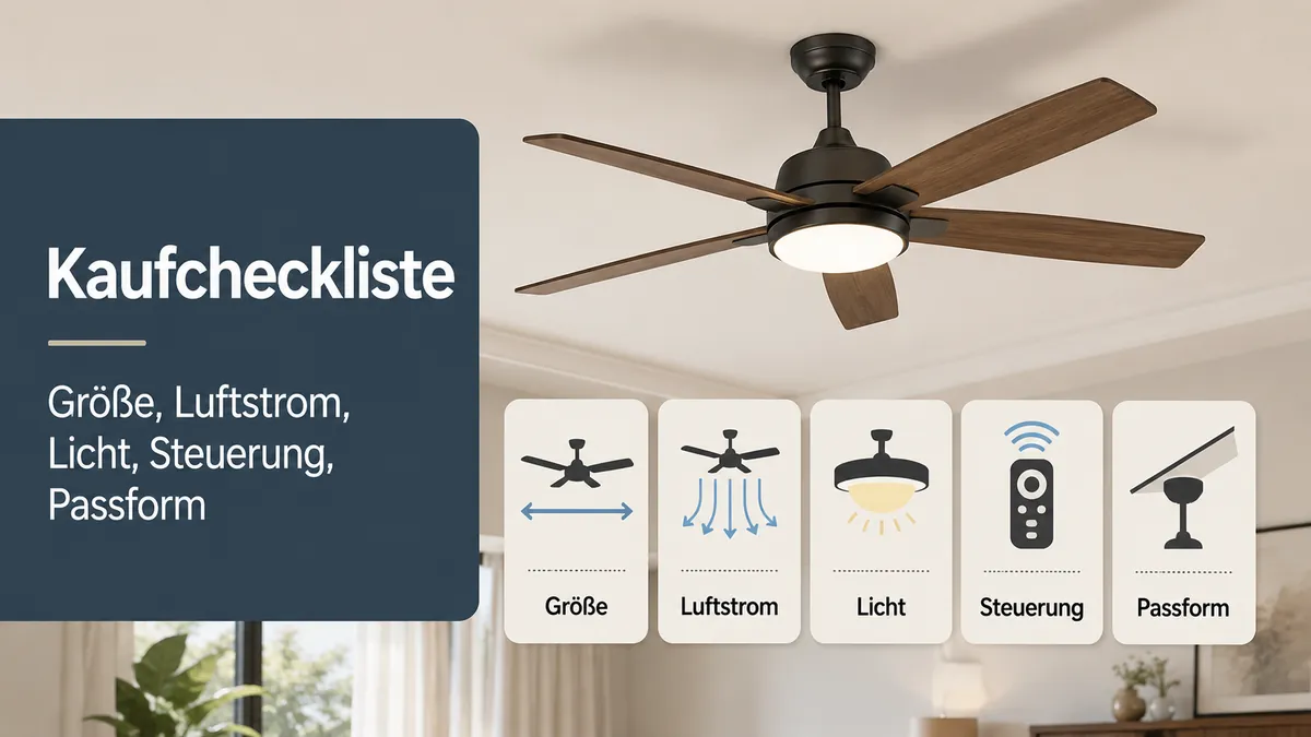 Kaufcheckliste für Deckenventilatoren mit Licht mit Größe, Luftstrom, Beleuchtung, Steuerung und Deckenpassform