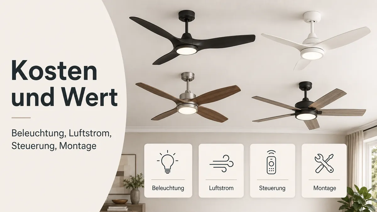 Deckenventilatoren mit Licht geordnet nach Wertfaktoren wie Beleuchtung, Luftstrom, Steuerung und Montagebedarf