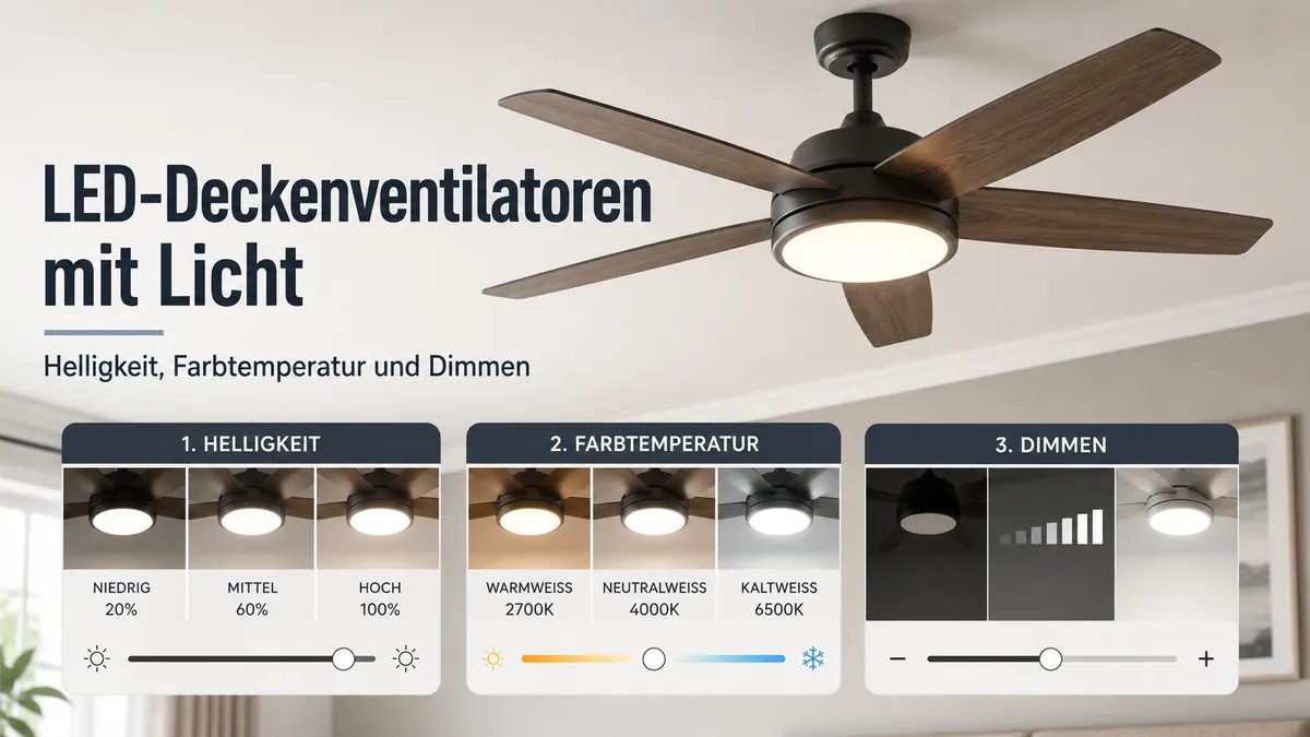LED-Deckenventilator mit Licht mit Helligkeit, Farbtemperatur und Dimmsteuerung