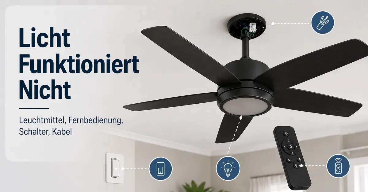 Deckenventilator mit Licht ohne Funktion mit Prüfpunkten an Leuchtmittel, Fernbedienung, Wandschalter und Verkabelung