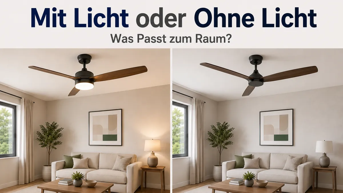 Direkter Vergleich eines Deckenventilators mit Licht und eines Deckenventilators ohne Licht in ähnlichen Räumen