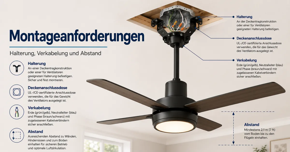 Montage eines Deckenventilators mit Licht mit Halterung, Deckendose, Verkabelung und Abstandszonen