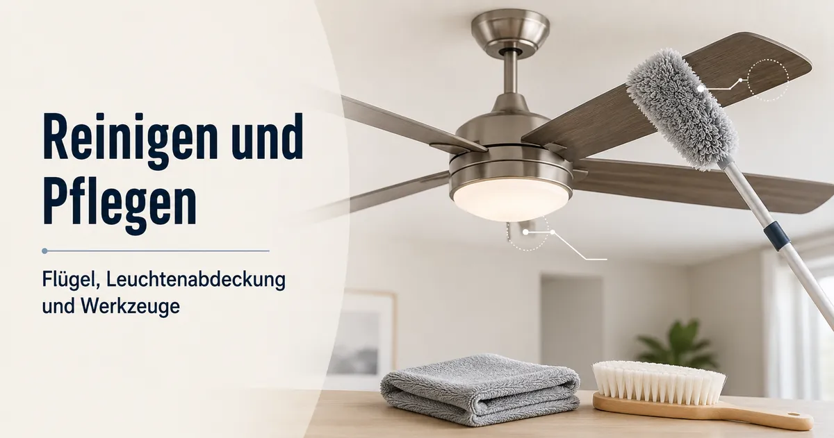 Reinigung und Pflege eines Deckenventilators mit Licht mit Staubwedel und Werkzeugen für die Leuchtenabdeckung