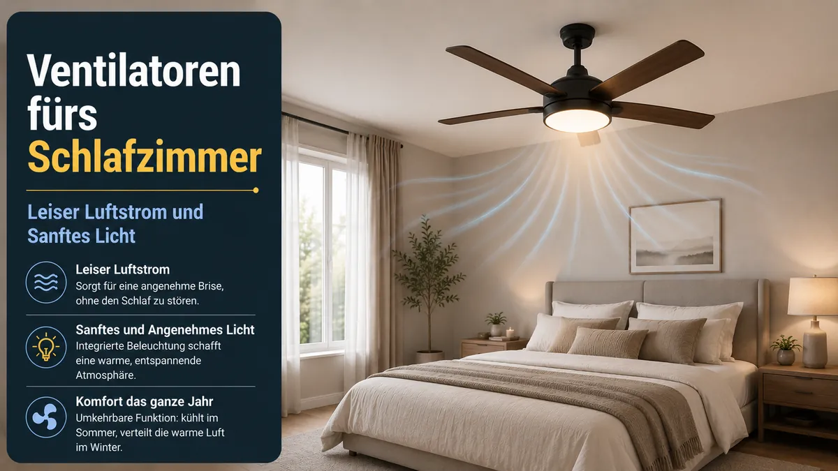 Deckenventilator mit Licht im Schlafzimmer mit leisem Luftstrom und sanfter Beleuchtung über dem Bett