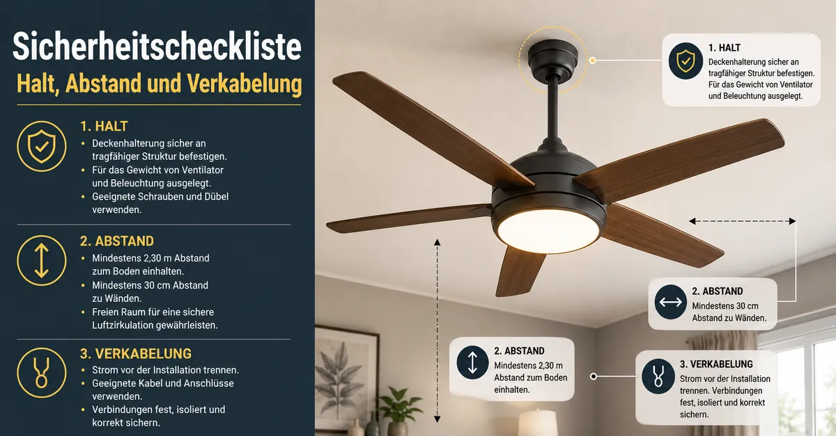 Sicherheitscheckliste für einen Deckenventilator mit Licht mit Deckenhalterung, Flügelabstand und Verkabelungspunkten