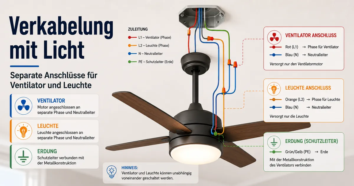 Schaltplan eines Deckenventilators mit Licht mit separaten Anschlüssen für Ventilator und Leuchte