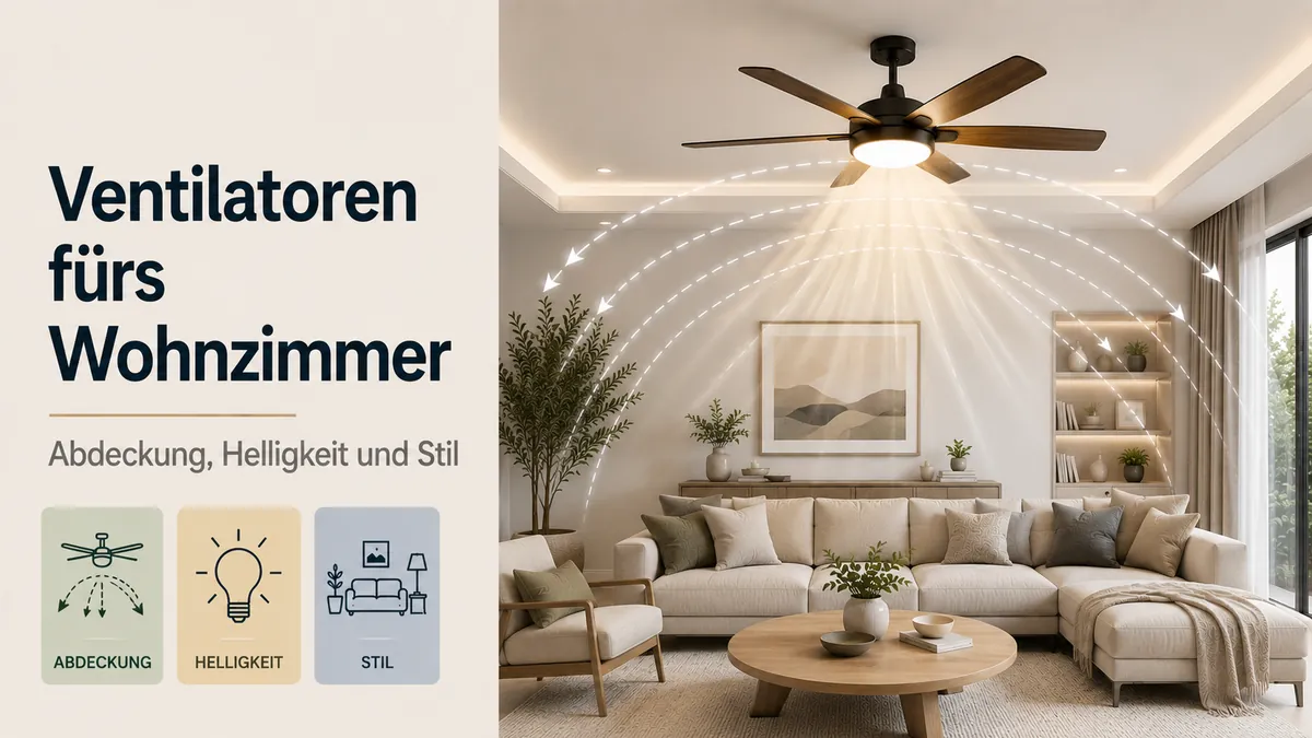 Deckenventilator mit Licht im Wohnzimmer mit großer Raumabdeckung, heller Beleuchtung und dekorativem Stil