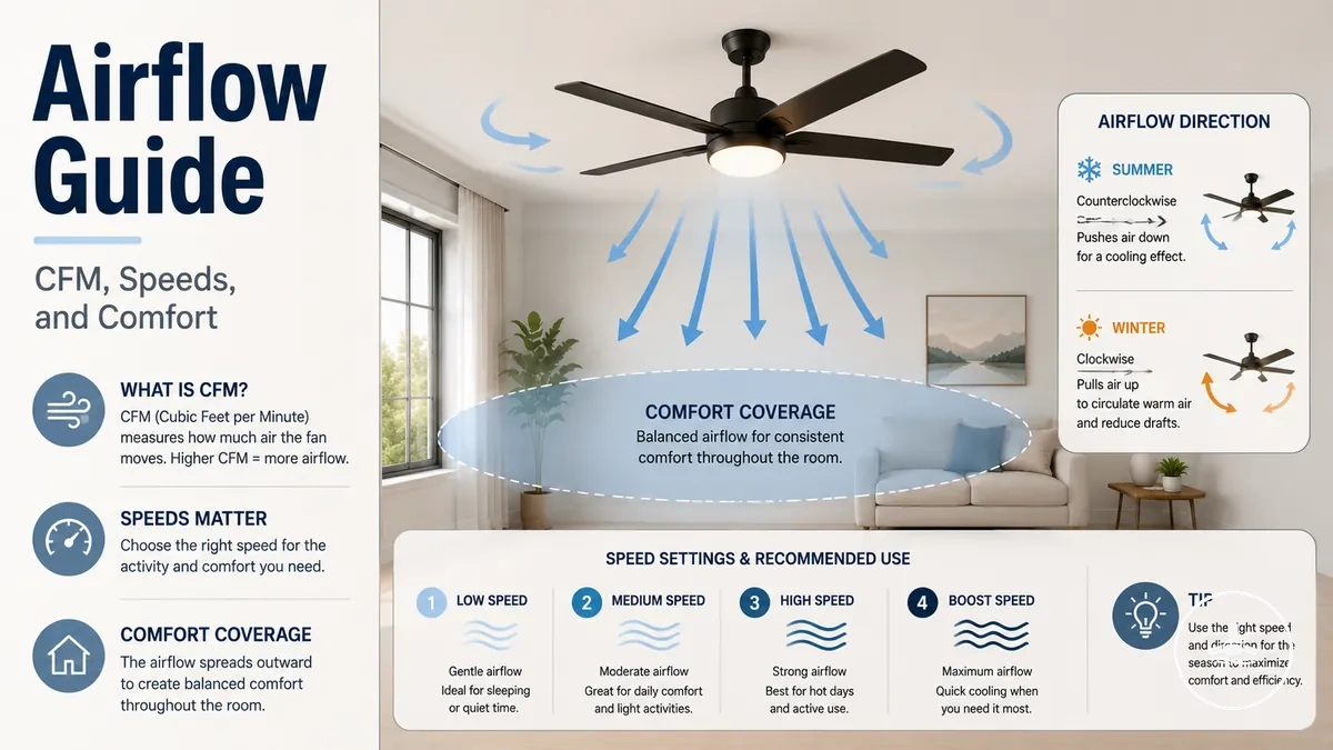 Ceiling fan with light showing blade airflow direction, speed settings, and room comfort coverage