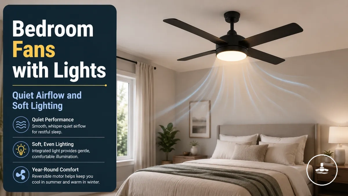 Bedroom ceiling fan with light providing quiet airflow and soft lighting above a bed
