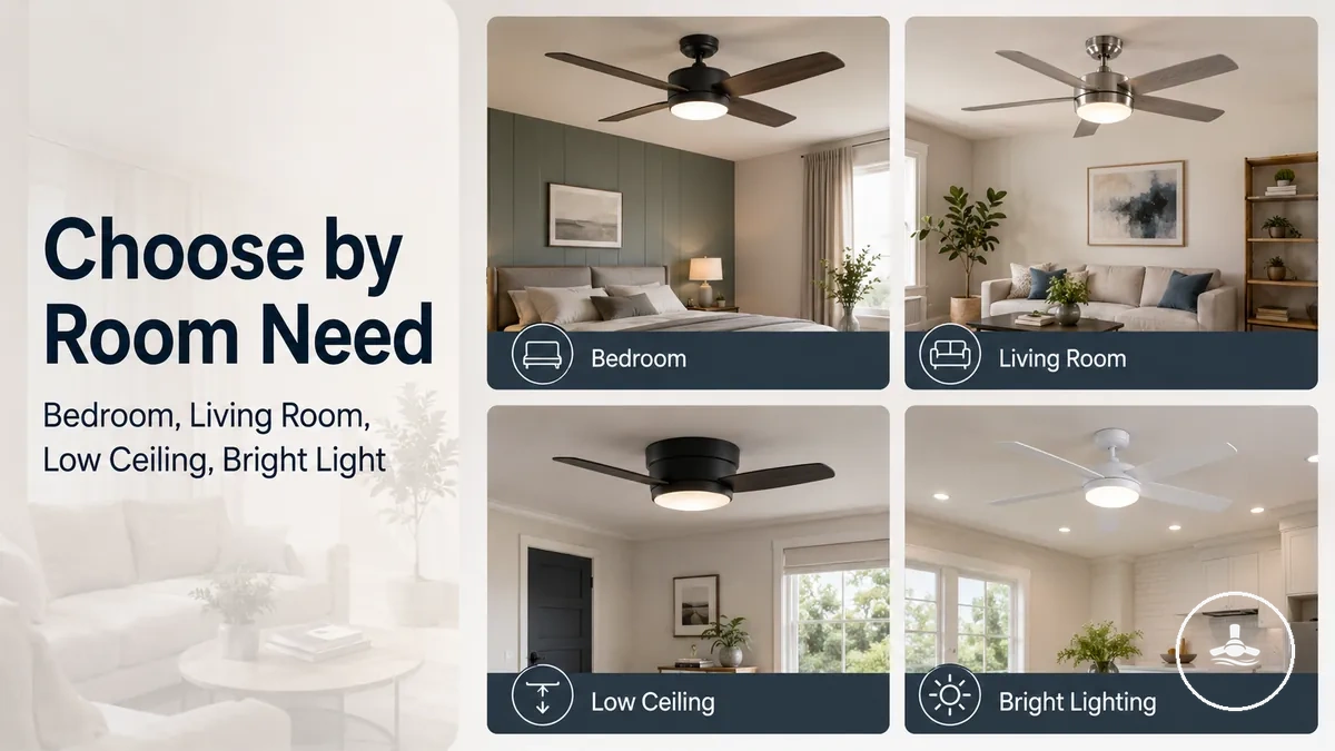 Ceiling fans with lights grouped by room needs such as bedroom, living room, low ceiling, and bright lighting