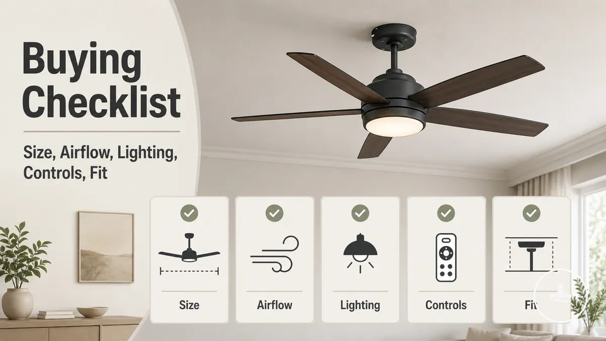 Buying checklist for ceiling fans with lights showing size, airflow, lighting, controls, and ceiling fit
