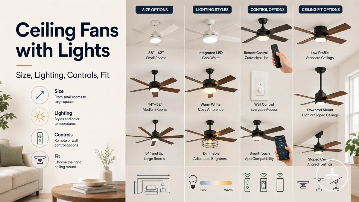 Ceiling fans with lights showing different sizes, lighting styles, controls, and ceiling fit options