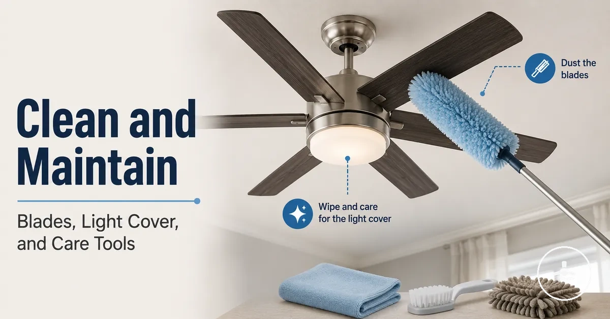 Cleaning and maintaining a ceiling fan with light using a duster and light cover care tools
