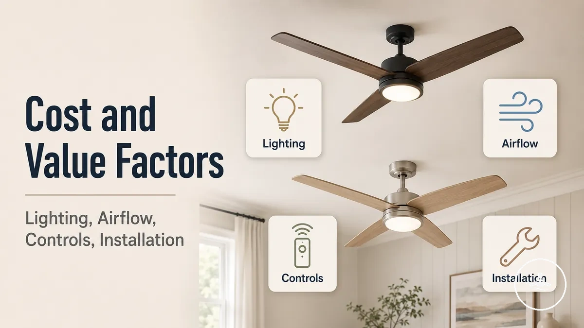 Ceiling fans with lights arranged by value factors such as lighting, airflow, controls, and installation needs