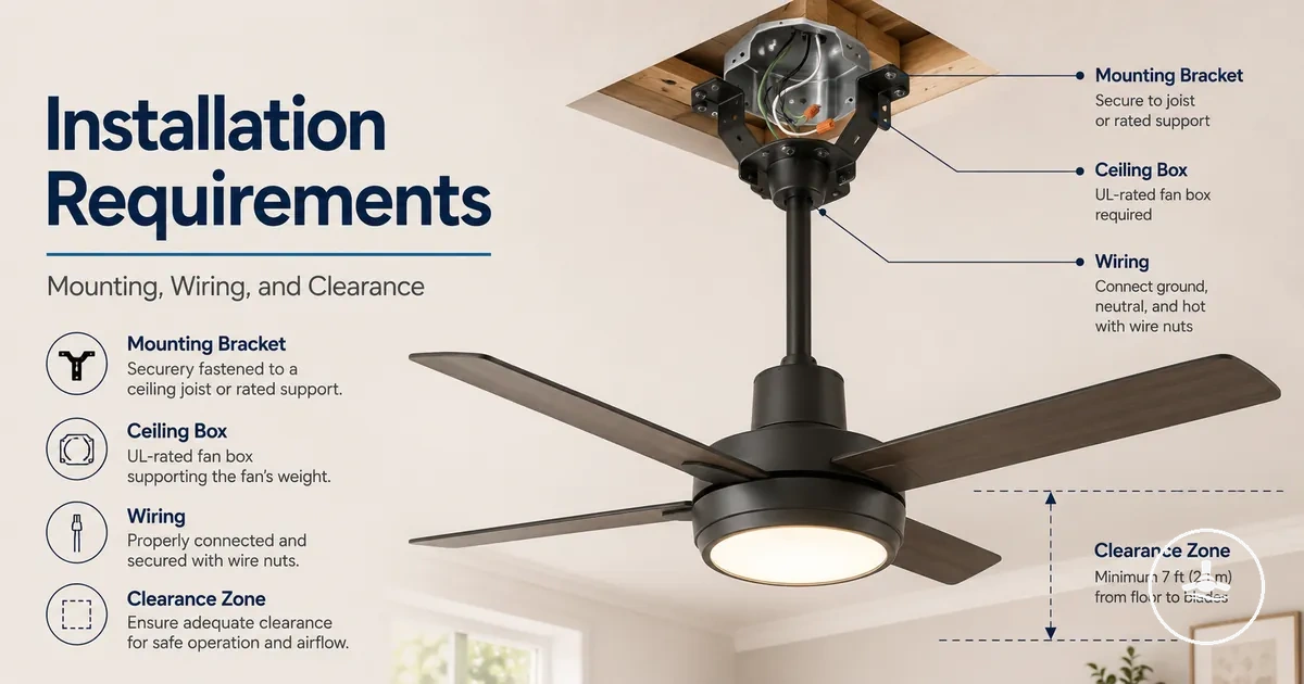 Ceiling fan with light installation showing mounting bracket, ceiling box, wiring, and clearance area