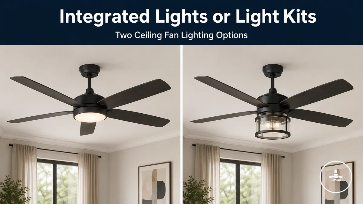 Comparison of a ceiling fan with integrated LED light and a ceiling fan with a separate light kit