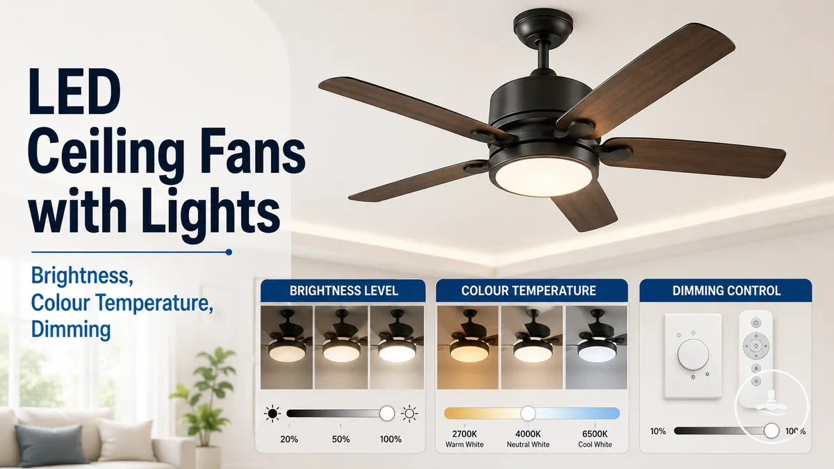 LED ceiling fan with light showing brightness, colour temperature, and dimming control options