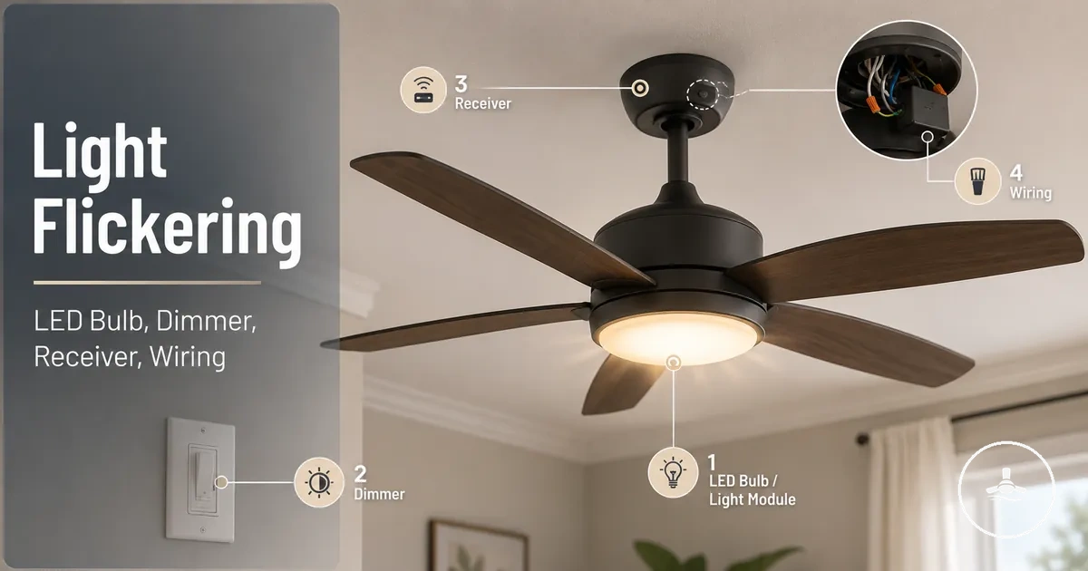 Ceiling fan light flickering with focus on LED bulb, dimmer control, remote receiver, and wiring checks