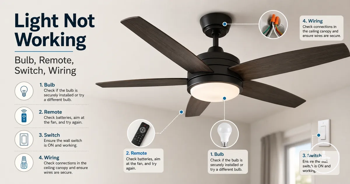 Ceiling fan with light not working showing bulb, remote, wall switch, and wiring troubleshooting points