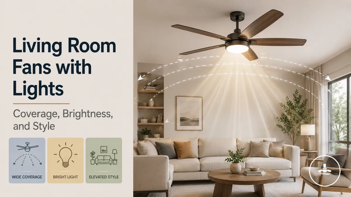 Living room ceiling fan with light showing wide room coverage, bright lighting, and decorative style