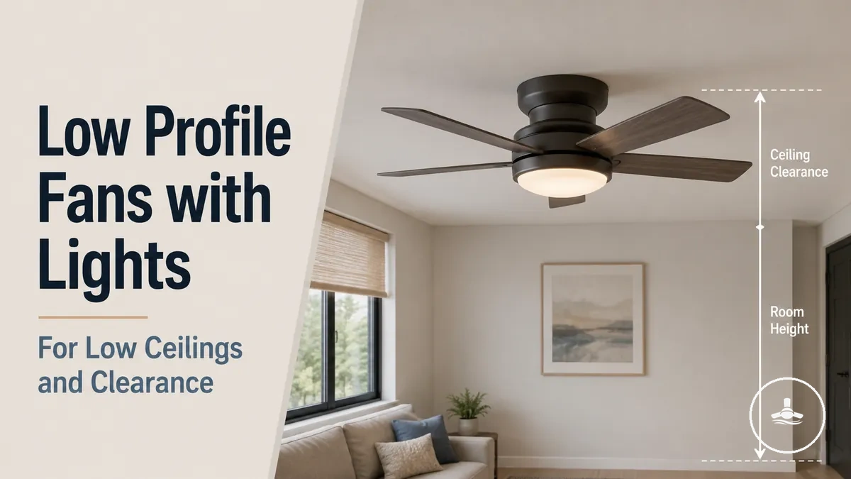 Low profile ceiling fan with light installed close to a low ceiling with visible clearance