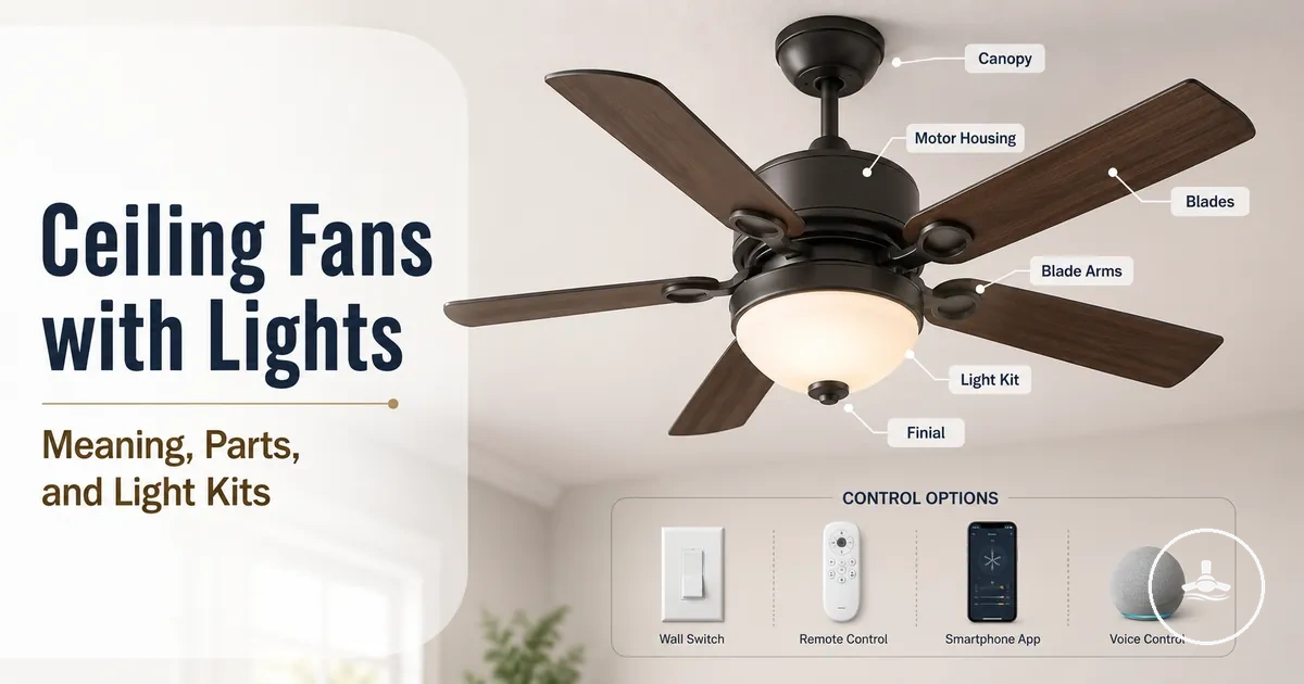 Ceiling fan with light showing blades, motor housing, light kit, and control components
