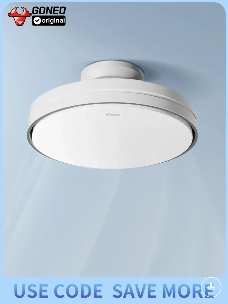 Bladeless ceiling fan with dimmable LED light, remote control, and DC motor