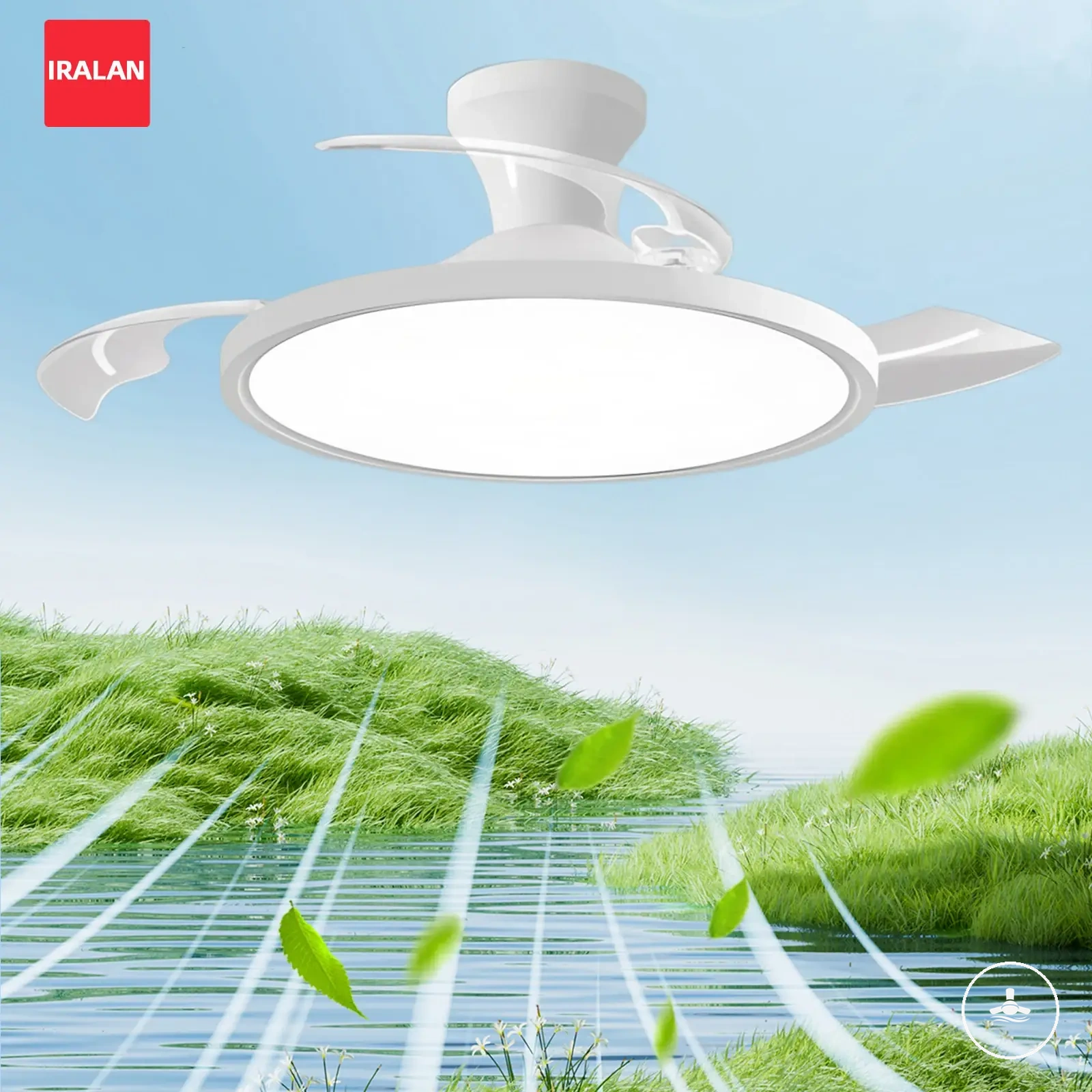 Invisible ceiling fan with LED light, DC motor, remote control, and high airflow