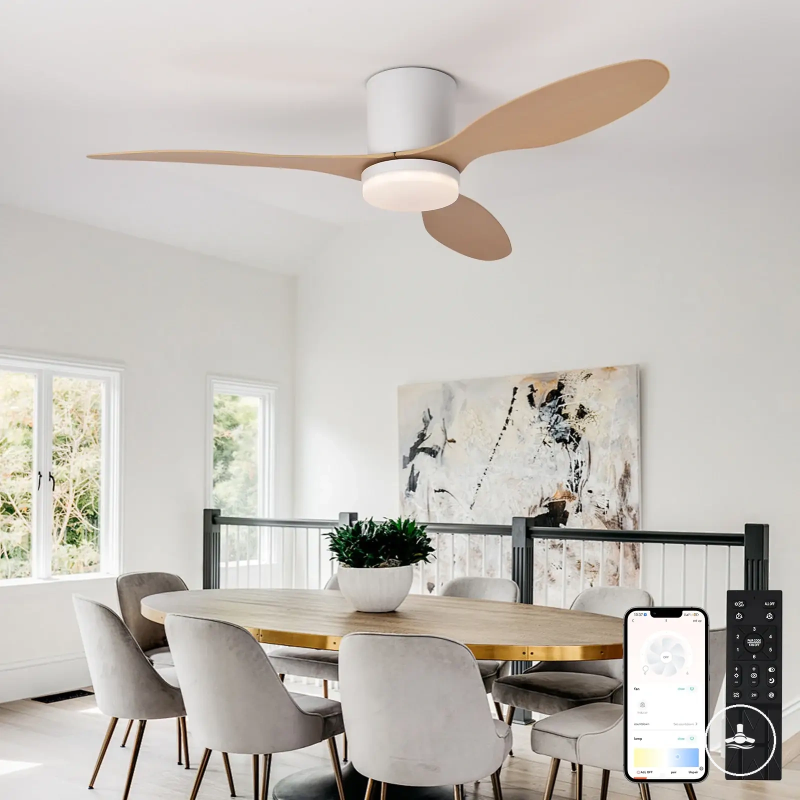 Low floor DC motor ceiling fan with remote control and light