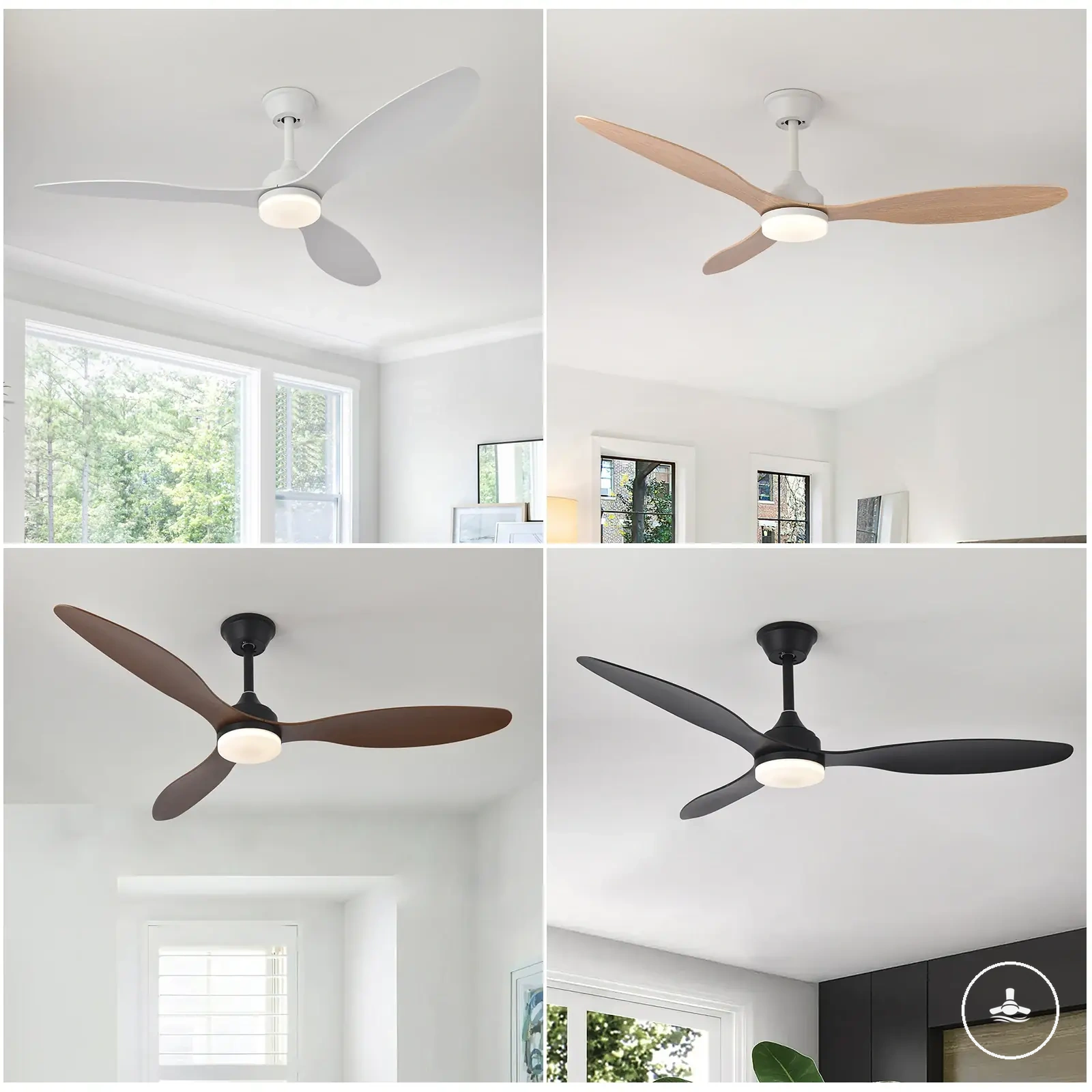 Low profile ceiling fan with light, remote control, and multiple blade sizes
