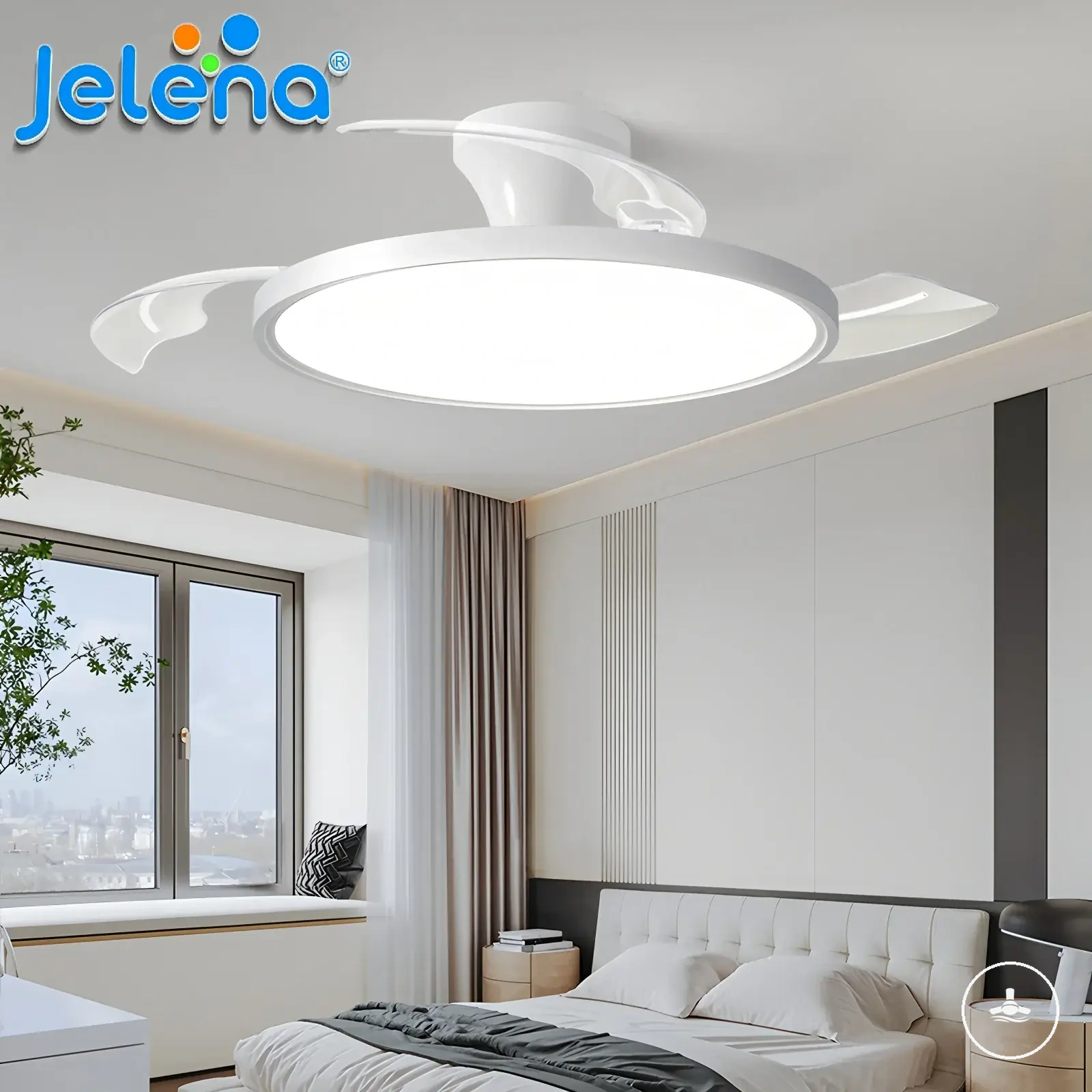 Retractable ceiling fan with dimmable LED light, app control, and remote control